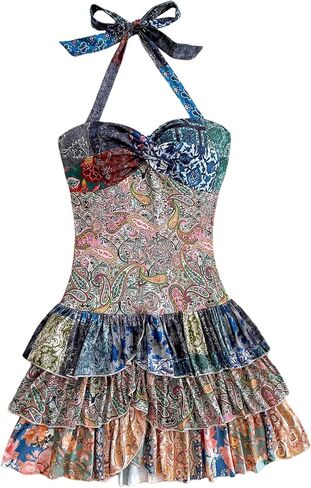 Wdirara Women's Paisley Floral Boho Bluded Dression Dress Dress Twist Front Backless A Line Mini Dresses in Kuwait