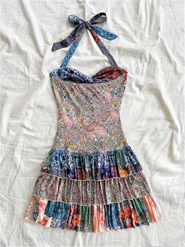 Wdirara Women's Paisley Floral Boho Bluded Dression Dress Dress Twist Front Backless A Line Mini Dresses in Kuwait