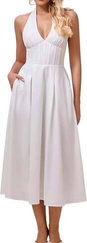 GLNEGE Floral Halter Corset Midi Sun Dress V Neck Bow Tie Smocked Back Flowy Wedding Guest Dresses for Women with Pockets in Saudi Arabia