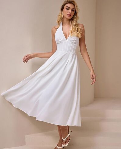 GLNEGE Floral Halter Corset Midi Sun Dress V Neck Bow Tie Smocked Back Flowy Wedding Guest Dresses for Women with Pockets in Saudi Arabia