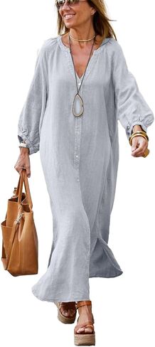 chouyatou Women Summer Long Sleeve Notch Neck Maxi Linen Shirt Dress Loose Button Down Tunic Shift Dress in Saudi Arabia