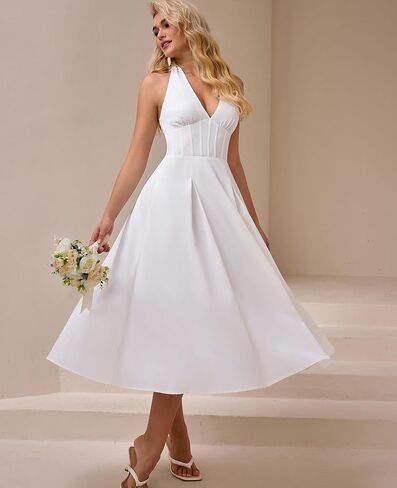 GLNEGE Floral Halter Corset Midi Sun Dress V Neck Bow Tie Smocked Back Flowy Wedding Guest Dresses for Women with Pockets in Saudi Arabia