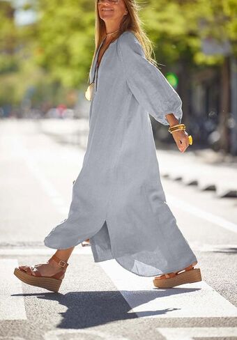 chouyatou Women Summer Long Sleeve Notch Neck Maxi Linen Shirt Dress Loose Button Down Tunic Shift Dress in Saudi Arabia