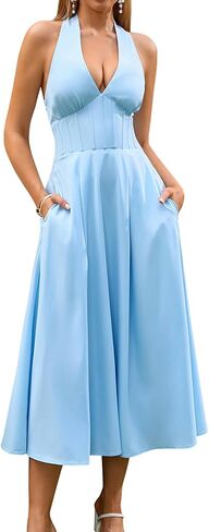 GLNEGE Floral Halter Corset Midi Sun Dress V Neck Bow Tie Smocked Back Flowy Wedding Guest Dresses for Women with Pockets in Saudi Arabia