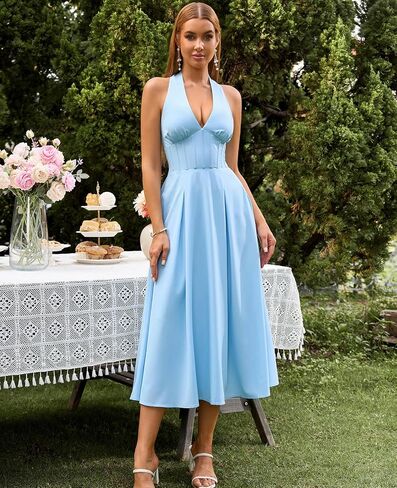 GLNEGE Floral Halter Corset Midi Sun Dress V Neck Bow Tie Smocked Back Flowy Wedding Guest Dresses for Women with Pockets in Saudi Arabia
