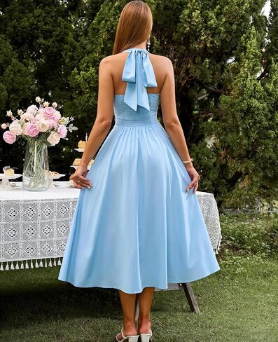 GLNEGE Floral Halter Corset Midi Sun Dress V Neck Bow Tie Smocked Back Flowy Wedding Guest Dresses for Women with Pockets in Saudi Arabia