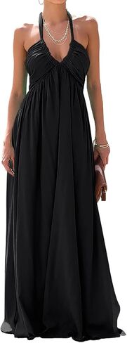 Maxi Chiffon Dresses for Women 2025 Sexy Halter V Neck Backless Smocked High Waisted A Line Beach Vacation Sundress in Saudi Arabia