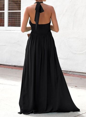 Maxi Chiffon Dresses for Women 2025 Sexy Halter V Neck Backless Smocked High Waisted A Line Beach Vacation Sundress in Saudi Arabia