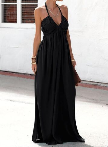 Maxi Chiffon Dresses for Women 2025 Sexy Halter V Neck Backless Smocked High Waisted A Line Beach Vacation Sundress in Saudi Arabia