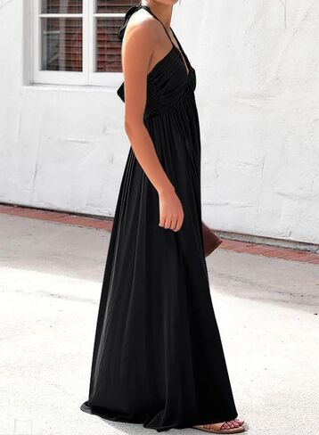 Maxi Chiffon Dresses for Women 2025 Sexy Halter V Neck Backless Smocked High Waisted A Line Beach Vacation Sundress in Saudi Arabia