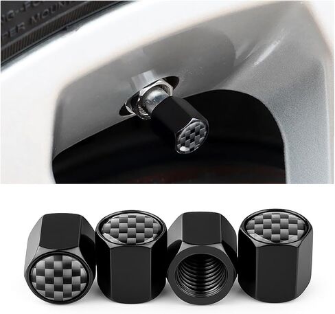 4PCS Car Tire Valve Stem Caps, Aluminum Alloy Carbon Fiber Vehicle Air Valve Covers with Rubber O-Ring, Automotive Wheel Stem Caps Accessories, Universal for SUVs Trucks Bikes (Black) in Kuwait