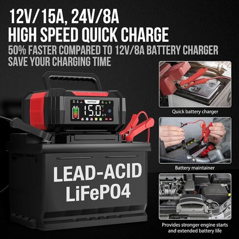 شاحن بطارية Nexpeak 15-AMP ، شاحن تشاربر 12 فولت 24 فولت شاحن بطارية بطارية 9 مراحل Smart LifePo4 Charger Battery Cainterer مع تعويضات Temp for Car Truck Motorcycle Mower Marine NC315 in Kuwait