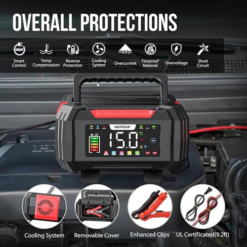 شاحن بطارية Nexpeak 15-AMP ، شاحن تشاربر 12 فولت 24 فولت شاحن بطارية بطارية 9 مراحل Smart LifePo4 Charger Battery Cainterer مع تعويضات Temp for Car Truck Motorcycle Mower Marine NC315 in Kuwait