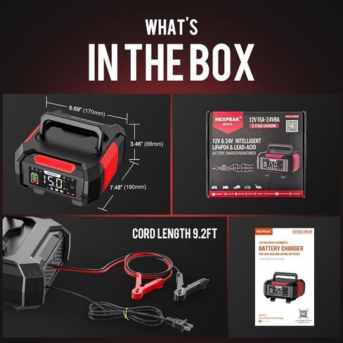 شاحن بطارية Nexpeak 15-AMP ، شاحن تشاربر 12 فولت 24 فولت شاحن بطارية بطارية 9 مراحل Smart LifePo4 Charger Battery Cainterer مع تعويضات Temp for Car Truck Motorcycle Mower Marine NC315 in Kuwait