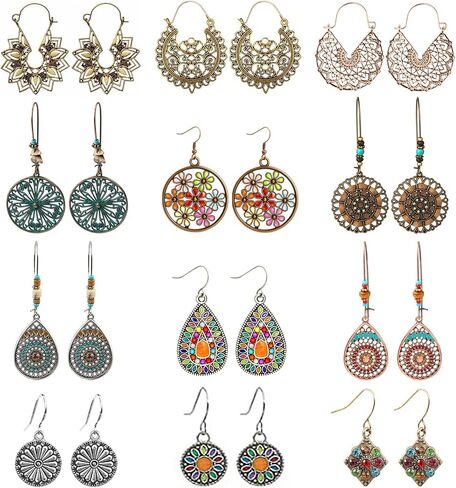 12 زوجًا من أقراط Boho القديمة للنساء العصرية المجوفة للأقراط المتدلية وضع الأقراط البوهيمية على الطراز العرقي للفتيات المجوهرات للهدية. in Saudi Arabia