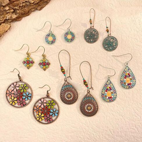 12 زوجًا من أقراط Boho القديمة للنساء العصرية المجوفة للأقراط المتدلية وضع الأقراط البوهيمية على الطراز العرقي للفتيات المجوهرات للهدية. in Saudi Arabia