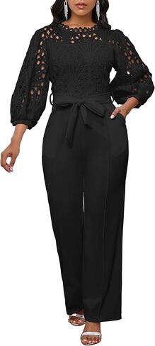 IWFEV Women's Jumpsuit Puff Sleeve Lace Jumpsuit Mid-Calf Short Sleeve Hollow Party Evening Romper with Pockets in Kuwait