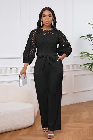 IWFEV Women's Jumpsuit Puff Sleeve Lace Jumpsuit Mid-Calf Short Sleeve Hollow Party Evening Romper with Pockets in Kuwait