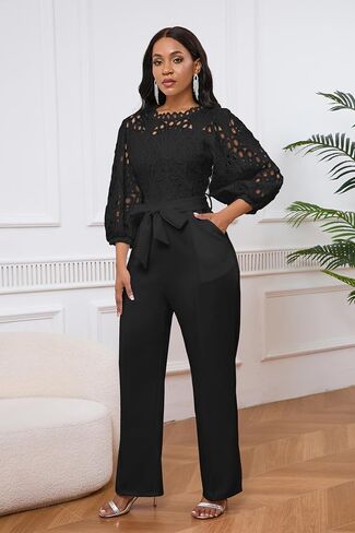 IWFEV Women's Jumpsuit Puff Sleeve Lace Jumpsuit Mid-Calf Short Sleeve Hollow Party Evening Romper with Pockets in Kuwait