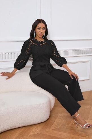 IWFEV Women's Jumpsuit Puff Sleeve Lace Jumpsuit Mid-Calf Short Sleeve Hollow Party Evening Romper with Pockets in Kuwait
