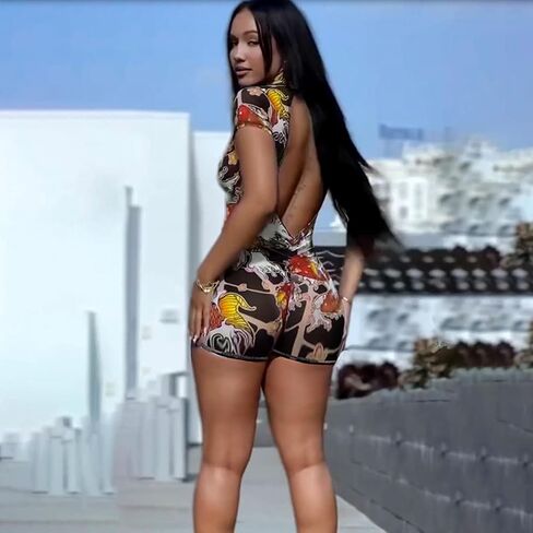 حللا مثير للنساء ، طباعة الأكمام قصيرة رومبير عارية الذروة ملابس نادي واحد للنساء ، mesh bodycon in Kuwait