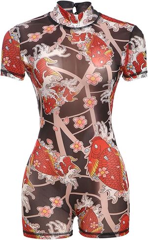 حللا مثير للنساء ، طباعة الأكمام قصيرة رومبير عارية الذروة ملابس نادي واحد للنساء ، mesh bodycon in Kuwait