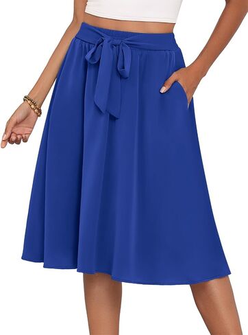 Laolasi Womens A-Line Midi Skirt Summer Trendy Trendy High Pheched Boho Natual Beach Flowed Lower Lower the Knee Trants with Jobs in Kuwait