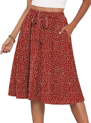 Laolasi Womens A-Line Midi Skirt Summer Trendy Trendy High Pheched Boho Natual Beach Flowed Lower Lower the Knee Trants with Jobs in Kuwait