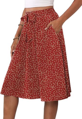 Laolasi Womens A-Line Midi Skirt Summer Trendy Trendy High Pheched Boho Natual Beach Flowed Lower Lower the Knee Trants with Jobs in Kuwait
