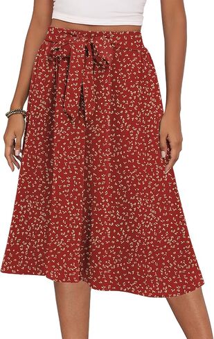 Laolasi Womens A-Line Midi Skirt Summer Trendy Trendy High Pheched Boho Natual Beach Flowed Lower Lower the Knee Trants with Jobs in Kuwait