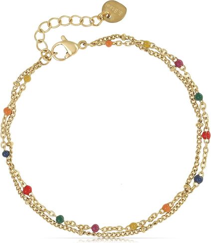 Made by Nami Dainty Gold Link Bracelets for Women Adjustable Double Layered Gold Chain Bracelet with Colorful Beads 7.5" + 2" Chain Extension in Saudi Arabia