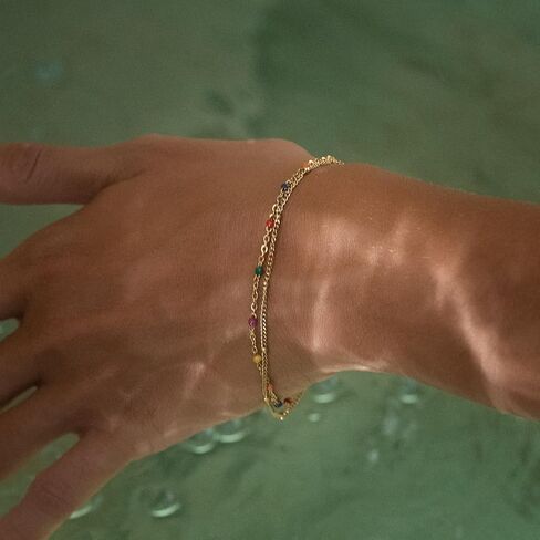 Made by Nami Dainty Gold Link Bracelets for Women Adjustable Double Layered Gold Chain Bracelet with Colorful Beads 7.5" + 2" Chain Extension in Saudi Arabia