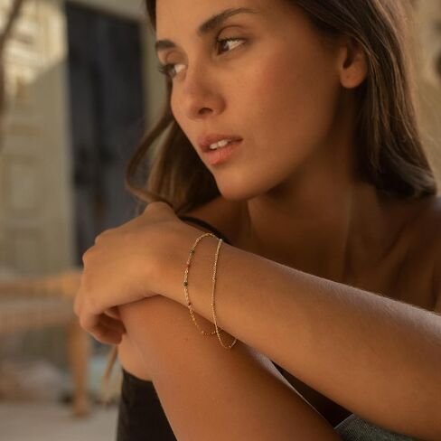 Made by Nami Dainty Gold Link Bracelets for Women Adjustable Double Layered Gold Chain Bracelet with Colorful Beads 7.5" + 2" Chain Extension in Saudi Arabia