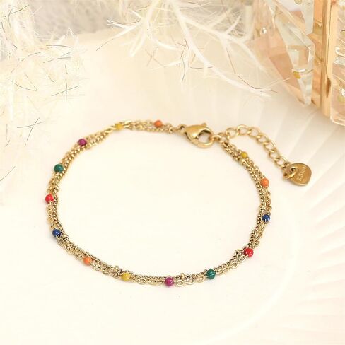 Made by Nami Dainty Gold Link Bracelets for Women Adjustable Double Layered Gold Chain Bracelet with Colorful Beads 7.5" + 2" Chain Extension in Saudi Arabia