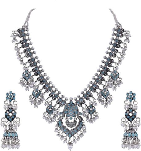 Efulgenz Choker Necklace and Earrings Indian Oxidized Jewelry Set for Women Antique Bohemian Faux Pearl Crystal Stone Necklace Jhumka Jhumki Earrings Wedding Fashion Jewelry for Women in Saudi Arabia