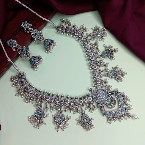 Efulgenz Choker Necklace and Earrings Indian Oxidized Jewelry Set for Women Antique Bohemian Faux Pearl Crystal Stone Necklace Jhumka Jhumki Earrings Wedding Fashion Jewelry for Women in Saudi Arabia