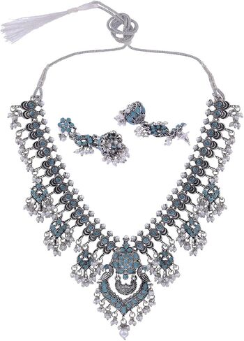 Efulgenz Choker Necklace and Earrings Indian Oxidized Jewelry Set for Women Antique Bohemian Faux Pearl Crystal Stone Necklace Jhumka Jhumki Earrings Wedding Fashion Jewelry for Women in Saudi Arabia