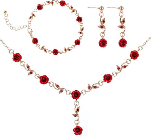 Red Rose Jewelry Set, 3Pcs Red Flower Necklaces for Women Rose Necklace Dangle Bracelet Set Vintage Earrings Pendant Amulet chain for Women's Wedding Prom Valentine Birthday Party in Saudi Arabia