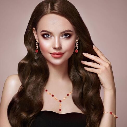 Red Rose Jewelry Set, 3Pcs Red Flower Necklaces for Women Rose Necklace Dangle Bracelet Set Vintage Earrings Pendant Amulet chain for Women's Wedding Prom Valentine Birthday Party in Saudi Arabia