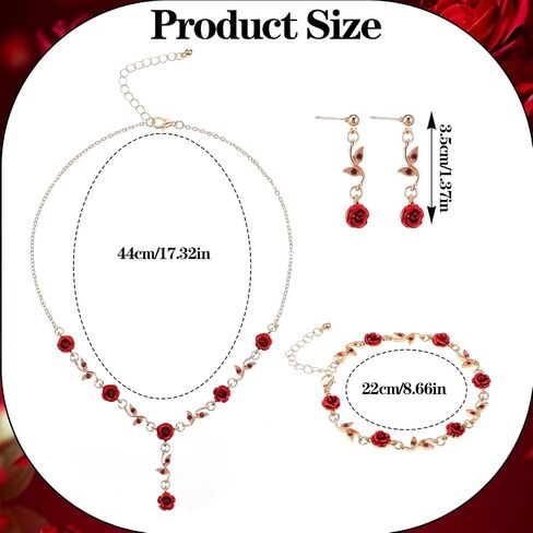 Red Rose Jewelry Set, 3Pcs Red Flower Necklaces for Women Rose Necklace Dangle Bracelet Set Vintage Earrings Pendant Amulet chain for Women's Wedding Prom Valentine Birthday Party in Saudi Arabia