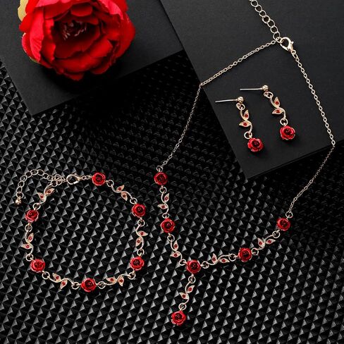 Red Rose Jewelry Set, 3Pcs Red Flower Necklaces for Women Rose Necklace Dangle Bracelet Set Vintage Earrings Pendant Amulet chain for Women's Wedding Prom Valentine Birthday Party in Saudi Arabia