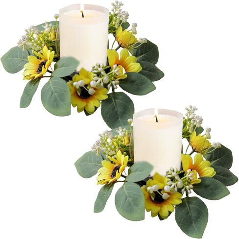 Sunflower Candle Ring 10 Inch Yellow with Leaves White Berry 2PCS in Saudi Arabia