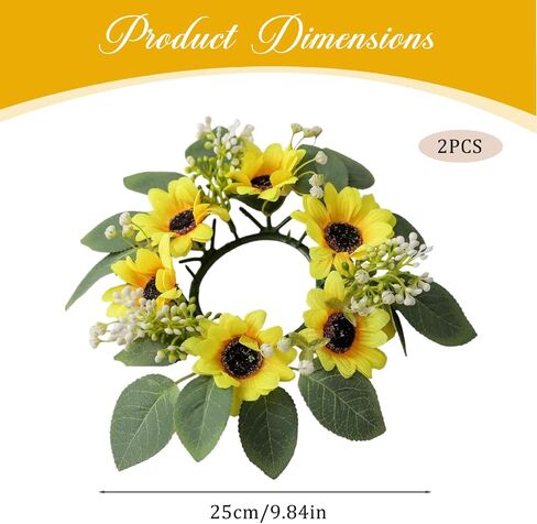 Sunflower Candle Ring 10 Inch Yellow with Leaves White Berry 2PCS in Saudi Arabia