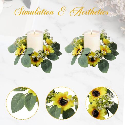 Sunflower Candle Ring 10 Inch Yellow with Leaves White Berry 2PCS in Saudi Arabia