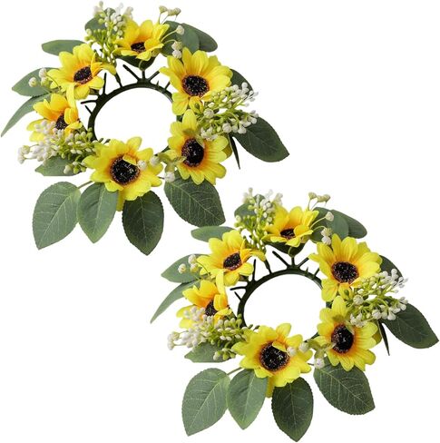 Sunflower Candle Ring 10 Inch Yellow with Leaves White Berry 2PCS in Saudi Arabia