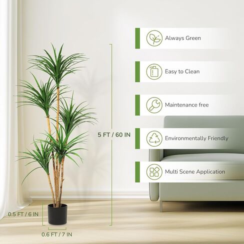 6 Ft Artificial Dracaena Tree, Realistic Fake Dracaena Plant, Tall Dracaena Houseplant for Indoor Décor, Adjustable Lifelike Faux Tree, Ideal for Photo Backdrops, Nursery, Living Room, Office in Kuwait