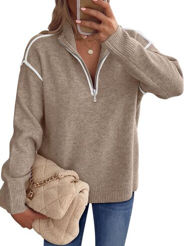 ANRABESS Womens Long Sleeve Quarter Zip Sweaters Fall Business Casual V Neck Collared Knit Pullover Sweater Top Work Shirts in Saudi Arabia