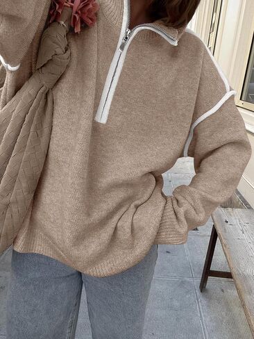 ANRABESS Womens Long Sleeve Quarter Zip Sweaters Fall Business Casual V Neck Collared Knit Pullover Sweater Top Work Shirts in Saudi Arabia