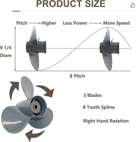 Boat Outboard Propeller for Honda Engines, 9 1/4x10 9.25x10 Pitch Aluminum Boat Propeller, 8/9.9/15/20 Hp, 8 Tooth Spline Boat Motor Props, 3 Blades, OEM No.58130-ZV4-010AH, RH (Right Hand Rotation) in Kuwait