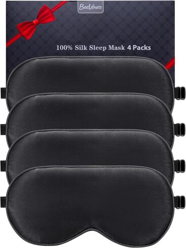 BeeVines Sleep Mask, 4 Pack 100% Real Natural Pure Silk Eye Masks with Adjustable Strap for Sleeping, Mulberry Silk Eye Sleep Shade Cover, Block Light Reduces Puffy Eyes Traveling Gifts (4 Packs) in Kuwait